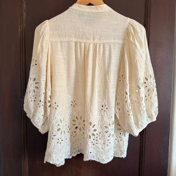 Cream Linen Blend Eyelet Blouson Shirt Scalloped Hem, lace trim | Medium - Picture 6 of 8